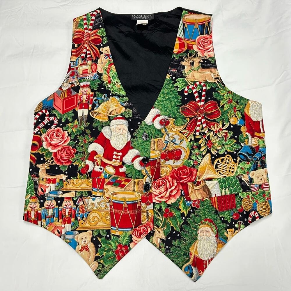Vintage Saddle River Festive Santa Vest Women’s Medium Christmas Holiday Roses